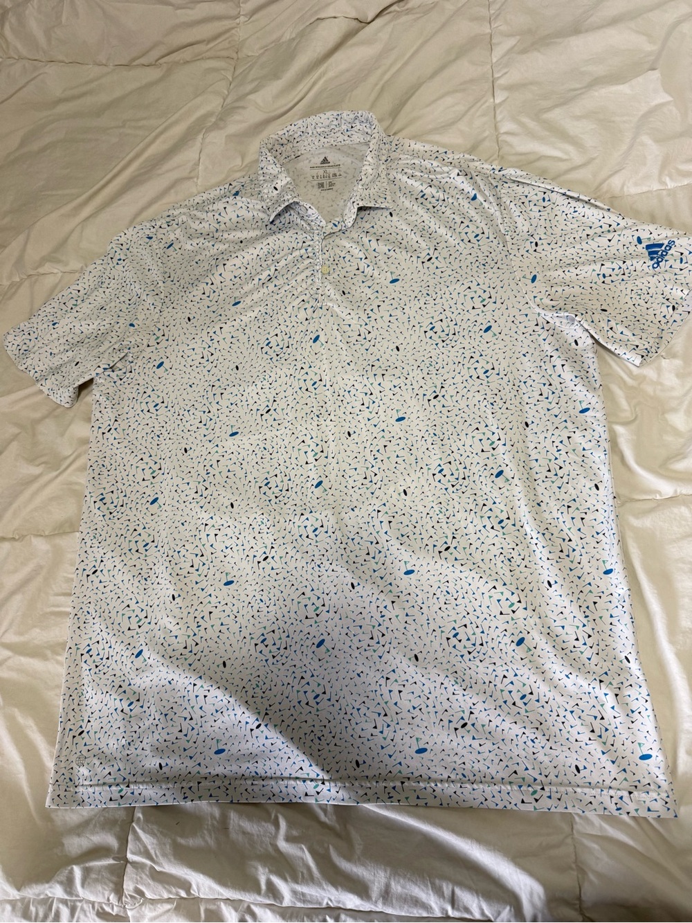 adidas Men’s White Polo with Blue & Teal Accent Print